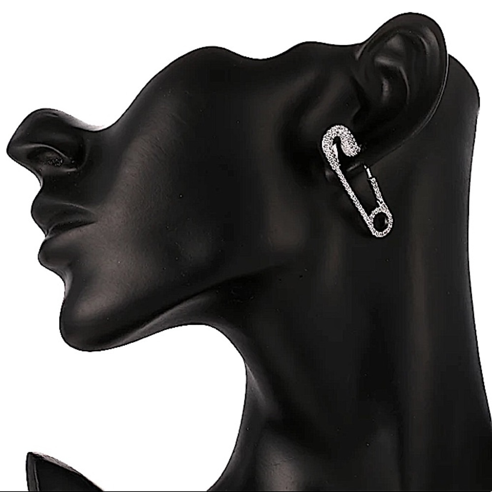 Rhinestone Silver Safety Pin Earrings